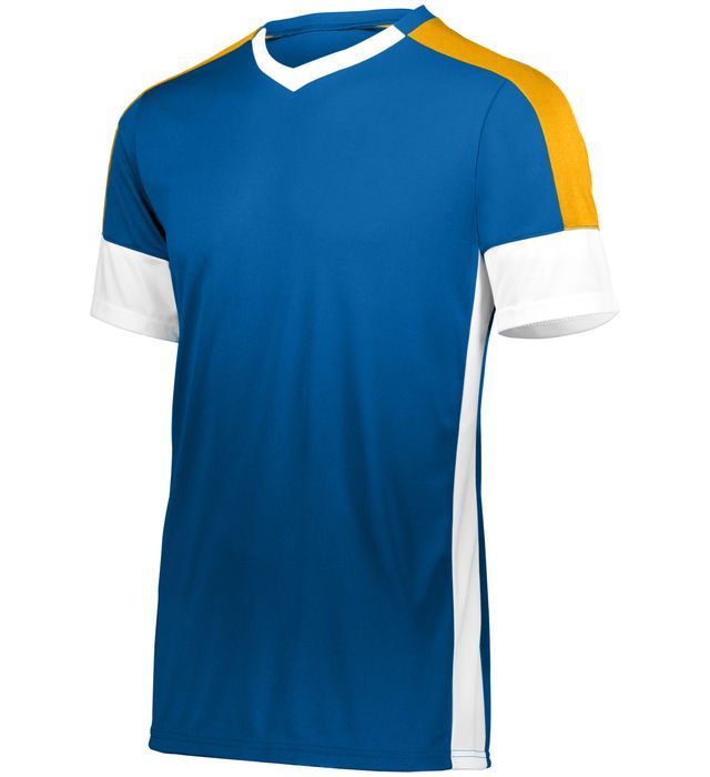 Blue athletic jersey with white sleeves, gold shoulder, and white side panel.