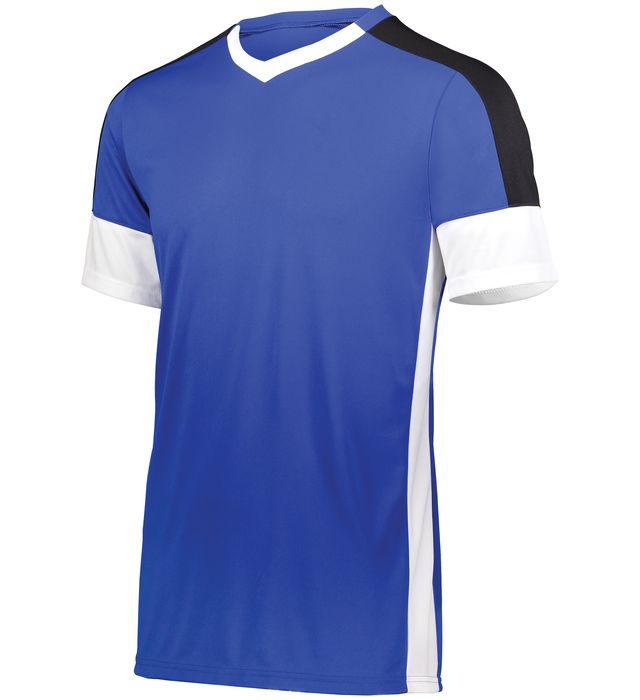 Blue athletic jersey with white and black accents.