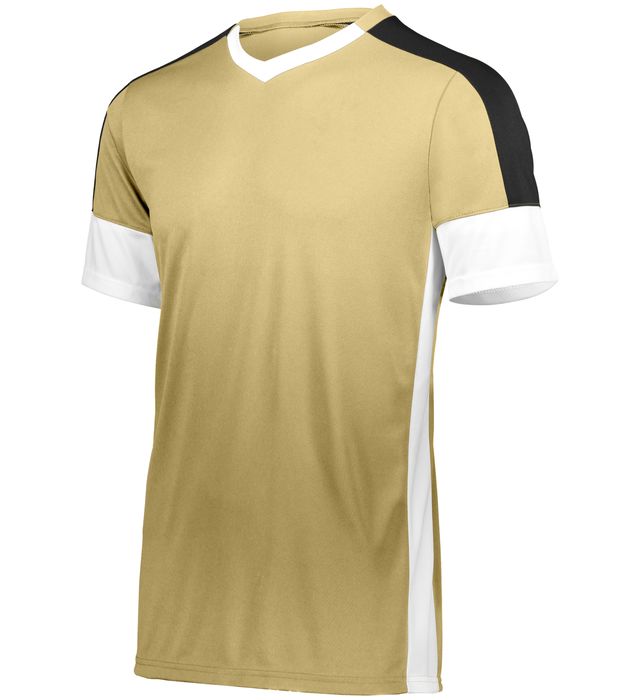 Gold soccer jersey with black and white accents.