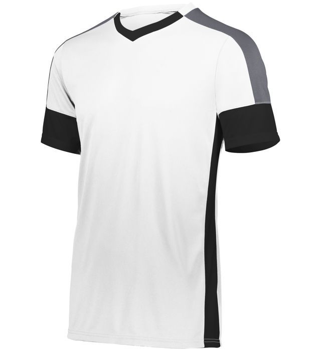 White athletic jersey with black and gray accents. V-neck collar and side panels.