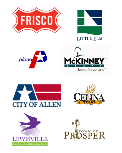 Logos for Frisco, Little Elm, Plano, McKinney, Allen, Celina, Lewisville, and Prosper, Texas.
