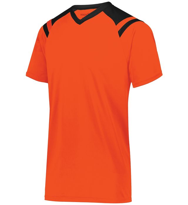 Orange athletic shirt with black shoulder and neckline accents.
