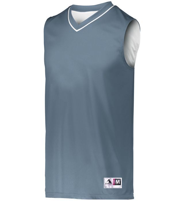 Gray and white reversible basketball jersey.
