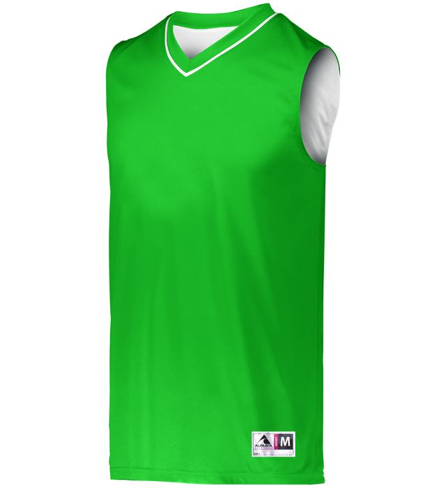 Green reversible sleeveless jersey with white trim on a white background.