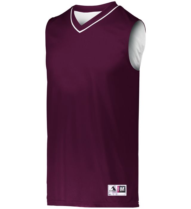 Burgundy sleeveless basketball jersey with white trim around a v-neck collar.