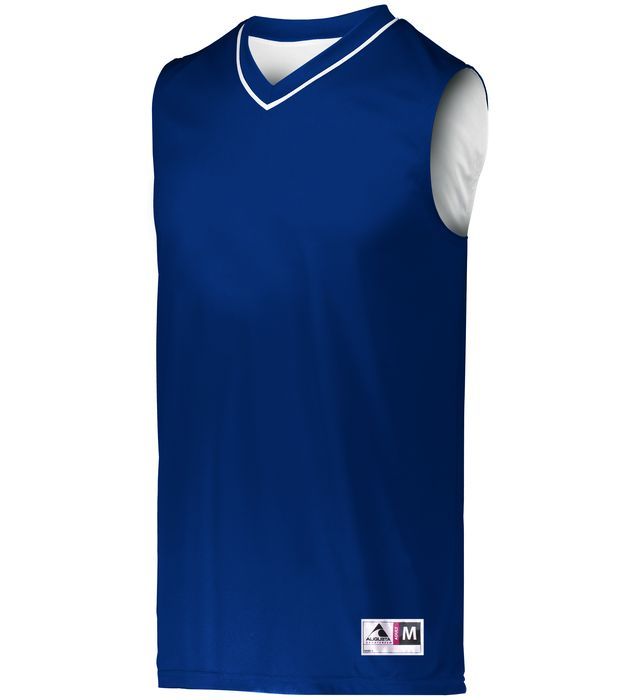 Blue and white reversible basketball jersey with a v-neck.
