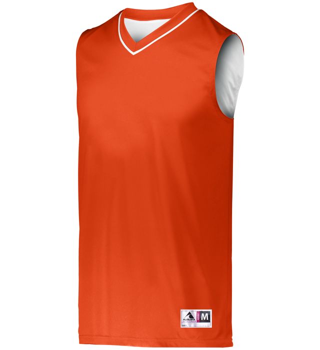 Orange and white reversible basketball jersey with a v-neck.