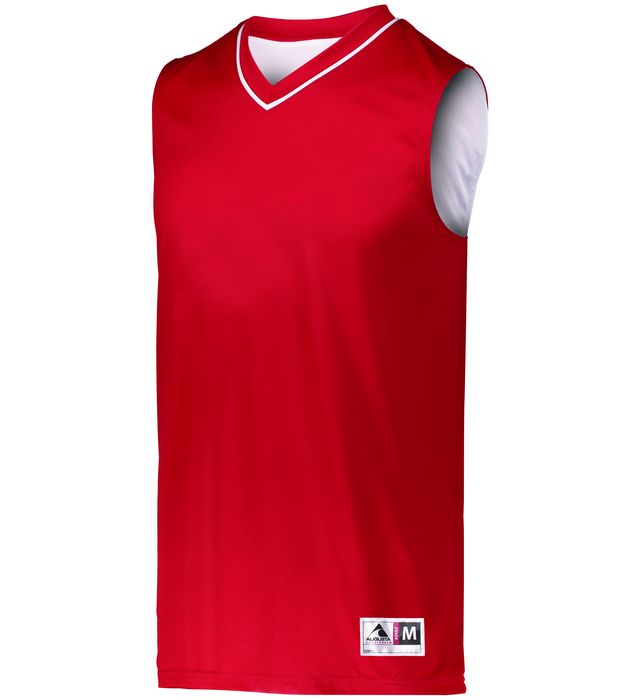 Red and white reversible basketball jersey with a white collar.
