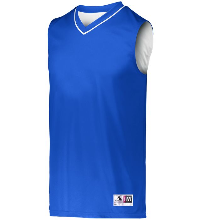 Blue reversible basketball jersey with white trim.