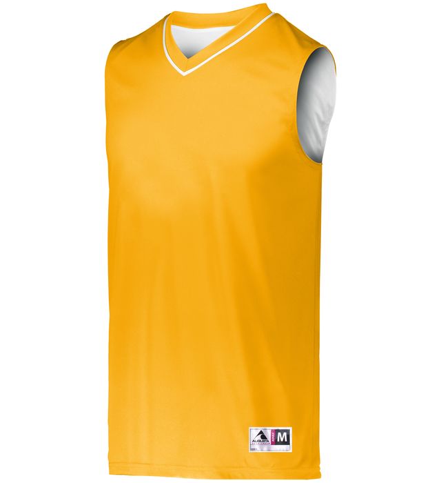 Yellow reversible basketball jersey with white trim and a white reverse side.