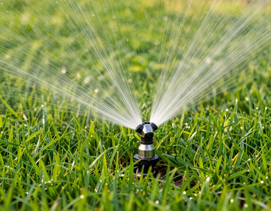 Irrigation sprinkler watering a fresh sod lawn