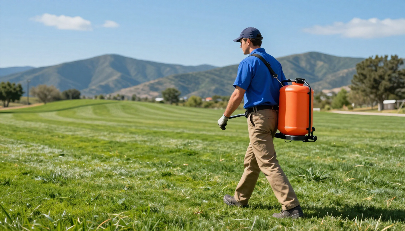 Professional lawn care worker applying fertilizer