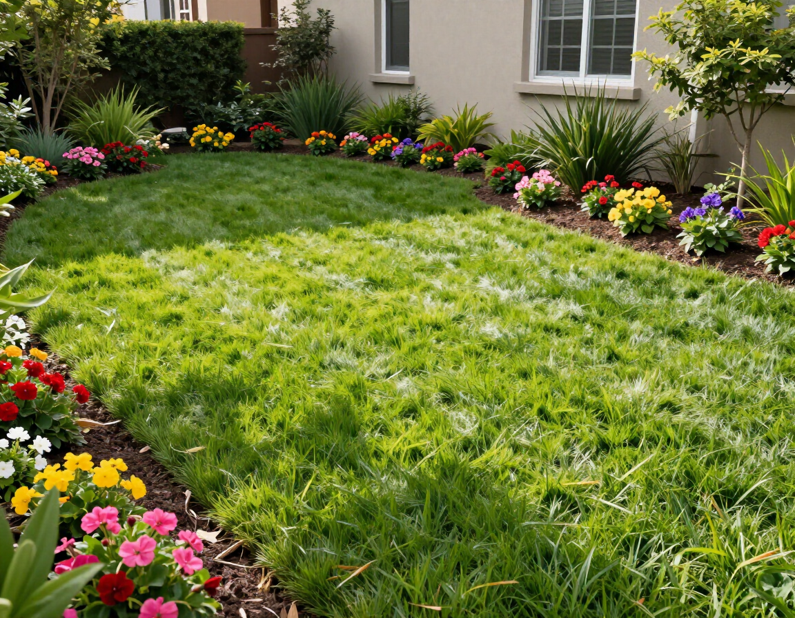 Lush green grass in a residential backyard
