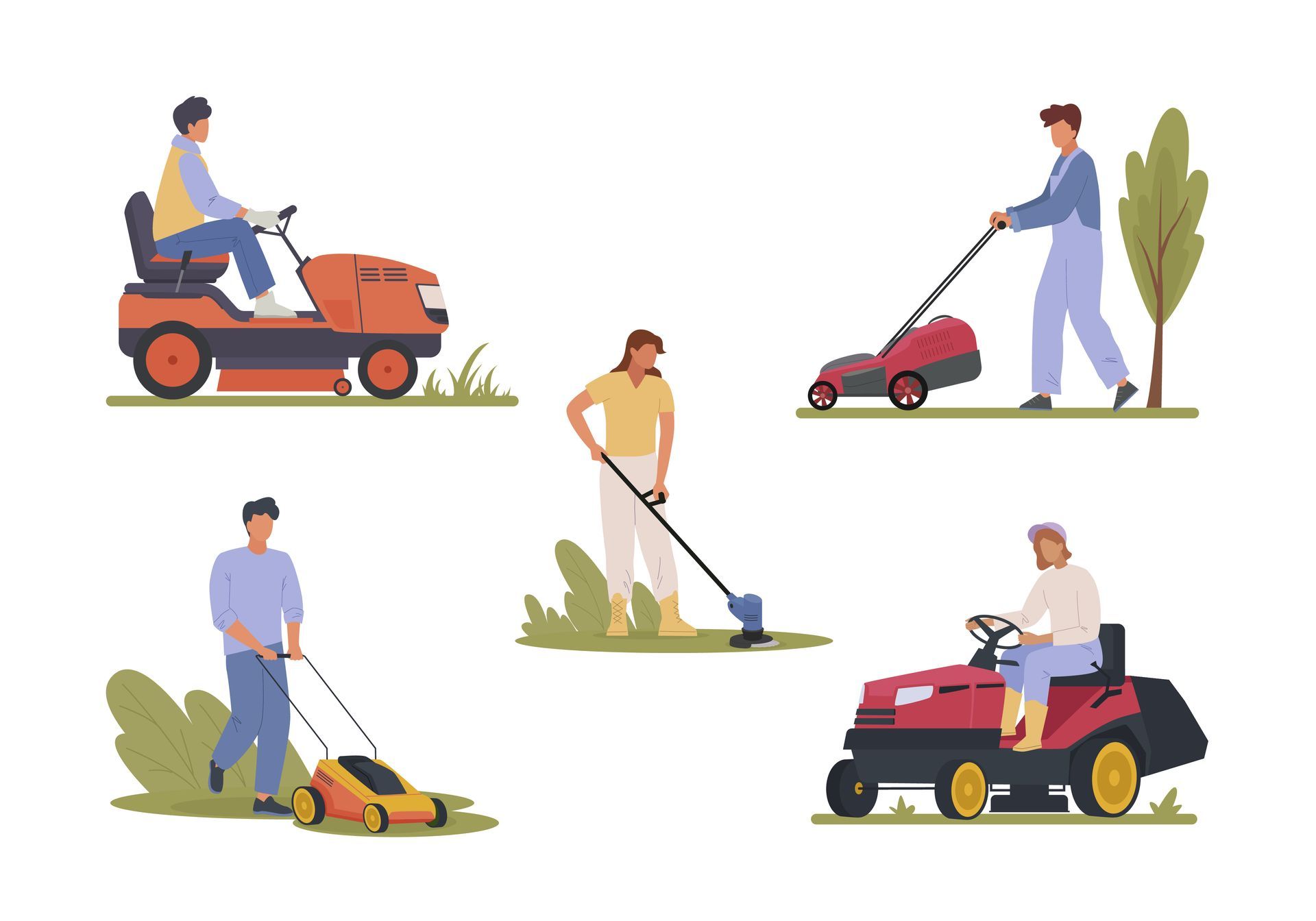 Five people using various lawn care equipment, including riding and push mowers and a string trimmer.