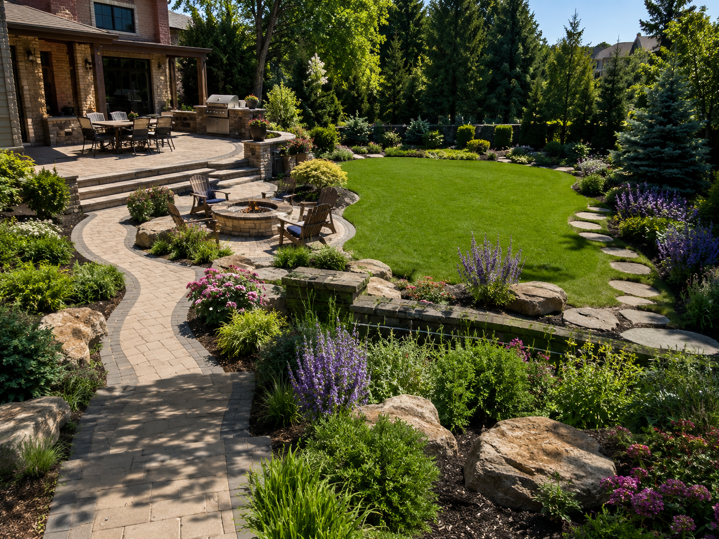 Landscaped backyard with stone pathways, flower beds, and a lush green lawn beside a house