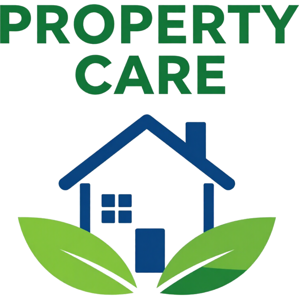 Green and blue property care logo with a house and leaves