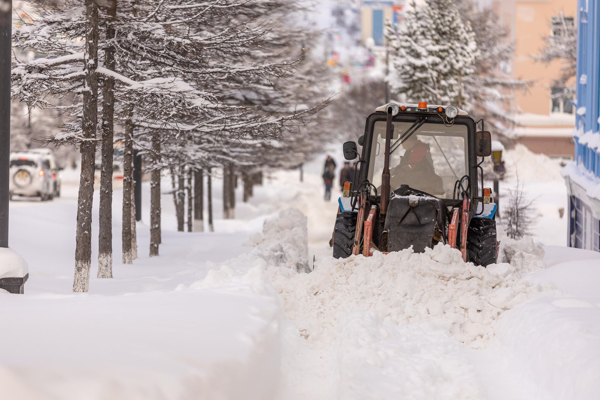 Snowplow clearing a snow-covered street lined with trees and buildings