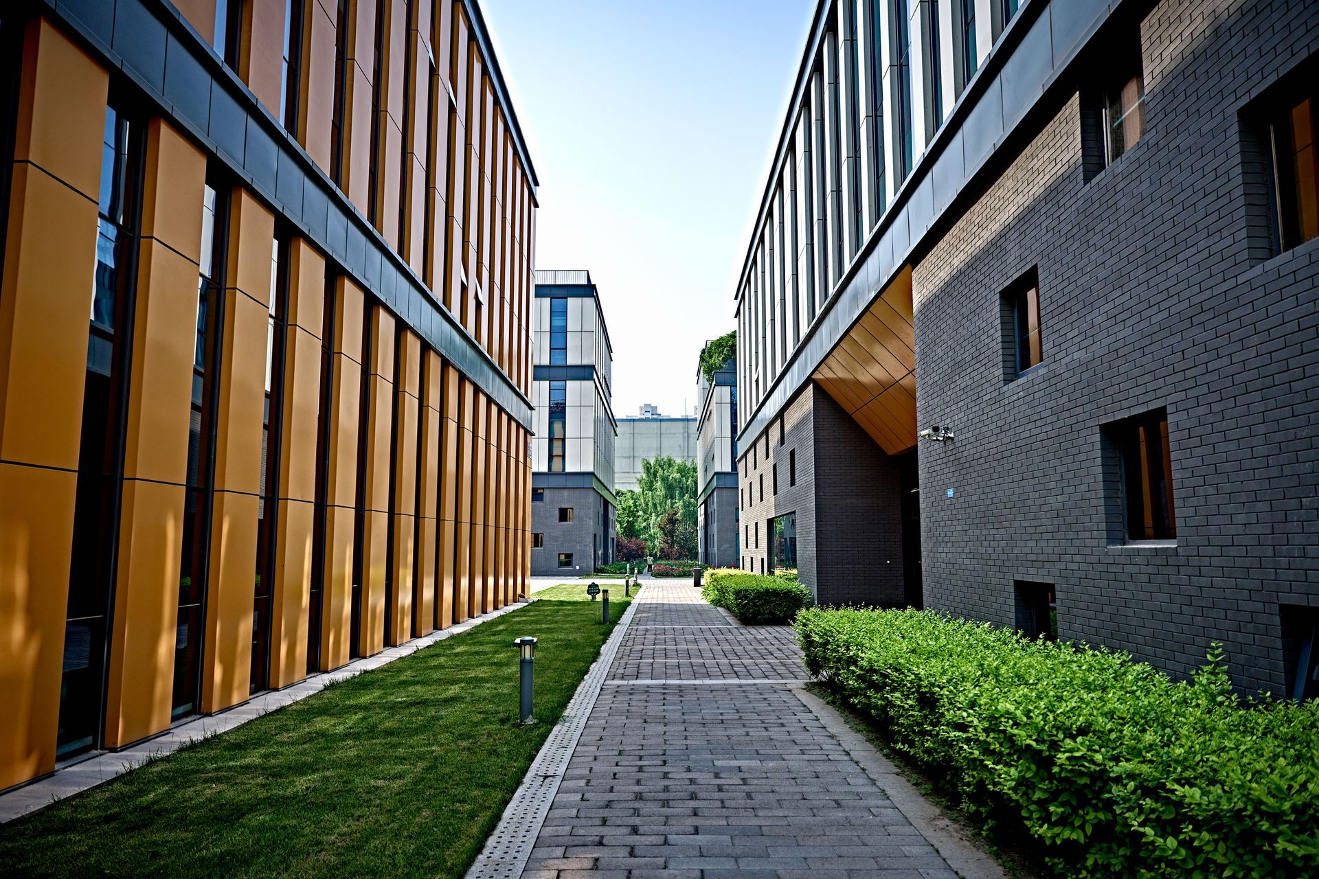 Modern office courtyard with a paved path, grass, and brick-and-glass buildings on both sides