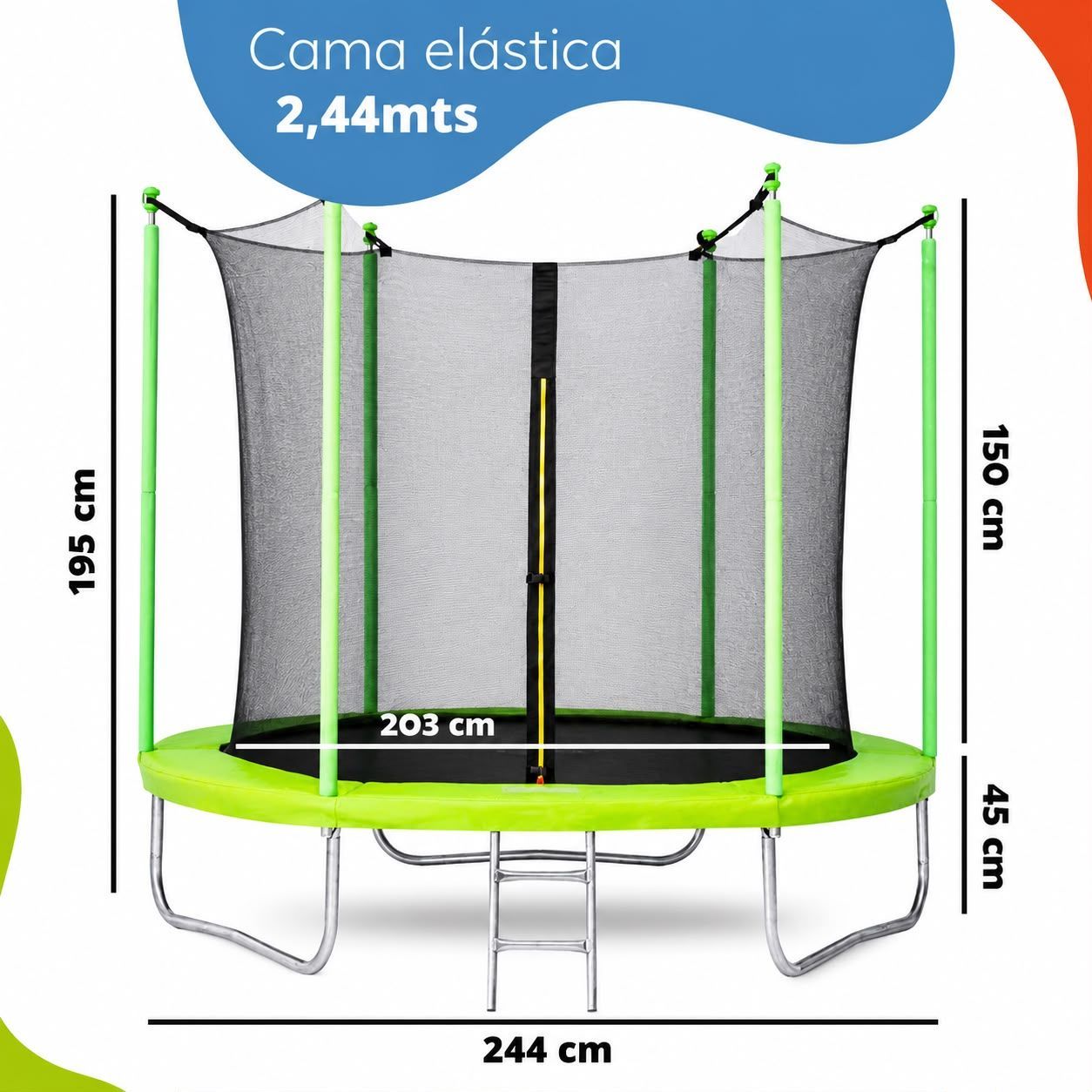 Cama elastica infantil con red de seguridad y escalera 244cm