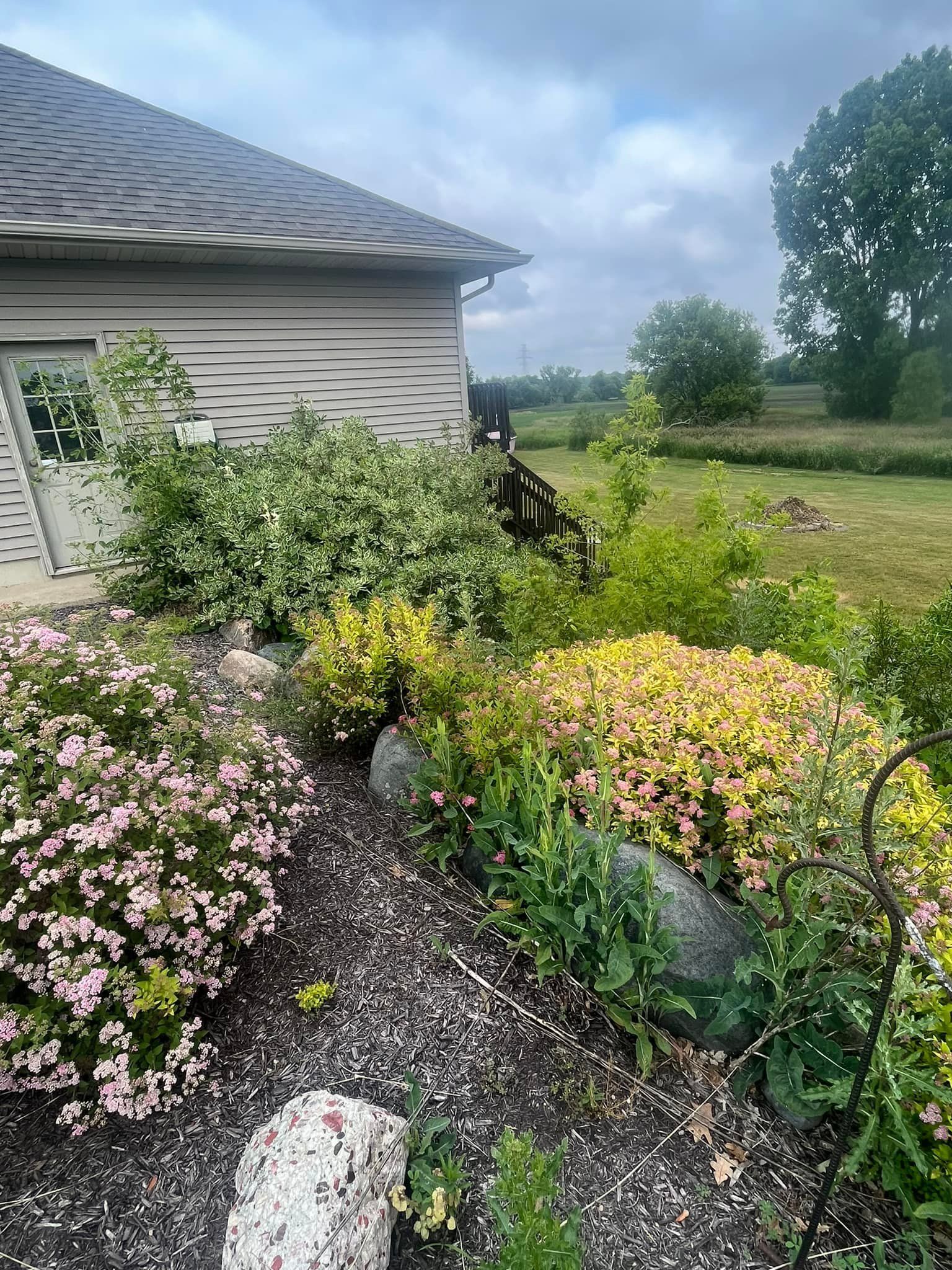 Exterior view of a garden with colorful plants and a house in the background under a cloudy sky.