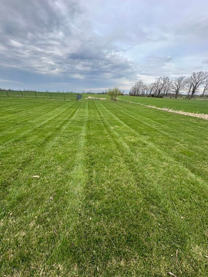 Green field with neatly mowed stripes under a cloudy sky, trees in the distance.