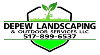 Logo for Depew Landscaping with a shield and grass illustration. Phone number: 517-899-6537.