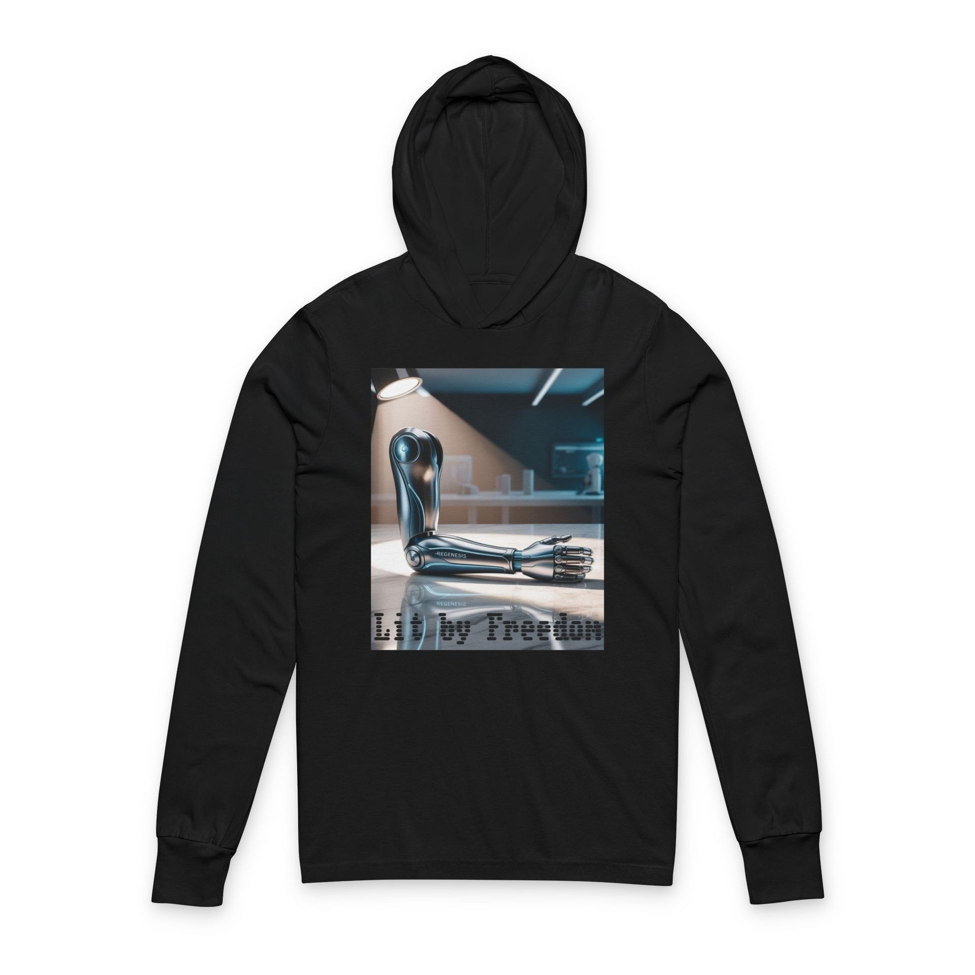 Black hoodie with a print of a robotic arm and "Lit by Freedom" text.