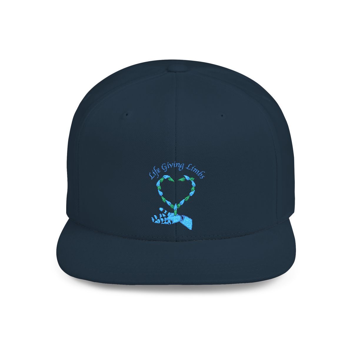 Navy cap with light blue heart-shaped design and text: "Life Giving Earth."