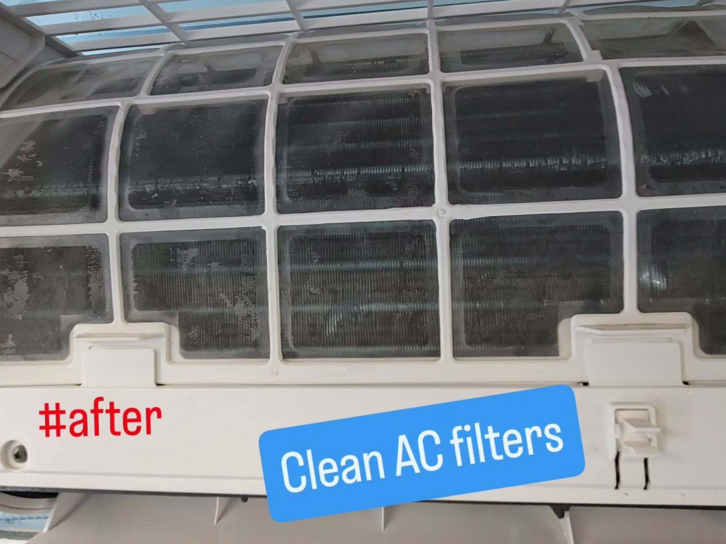 Dirty AC filter beside cleaned one, labeled “#after” and “Clean AC filters.”