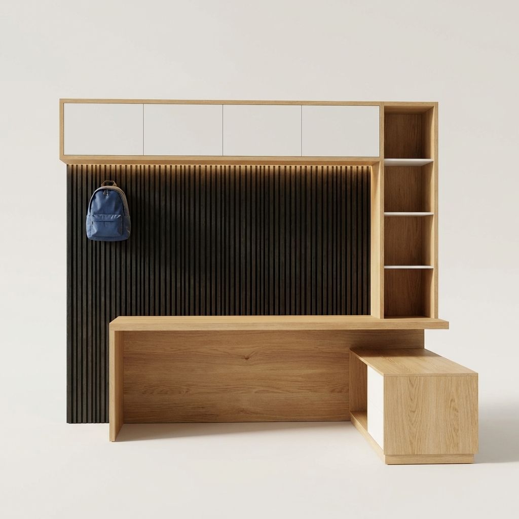 Entrada minimalista de madera con banco, pared negra con listones, estantes y una mochila azul colgada a la izquierda.