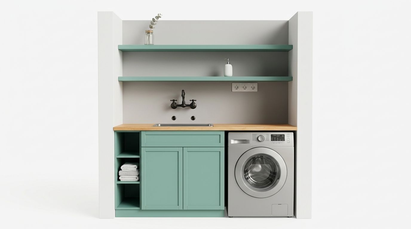 Rincón de lavandería compacto con armarios color menta, encimera de madera, estantes abiertos.
