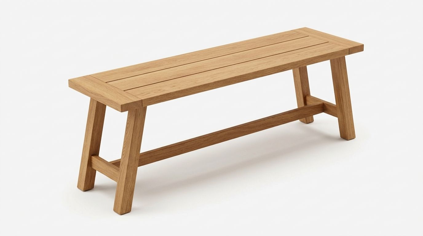 Banco de madera clara con tablero de listones y patas angulares sobre fondo blanco.
