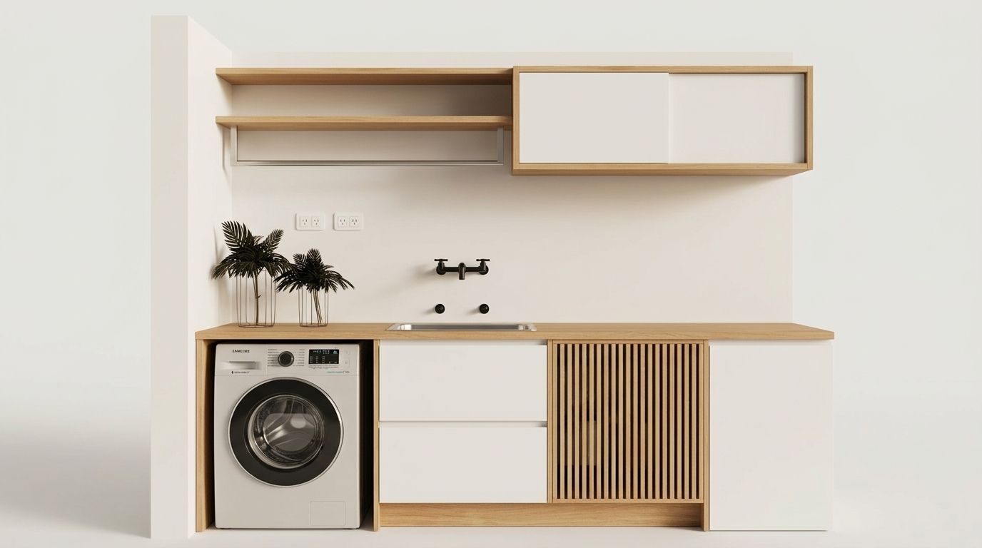 Lavadero minimalista con estanterías de madera, fregadero, lavadora y armarios blancos en una pared clara.