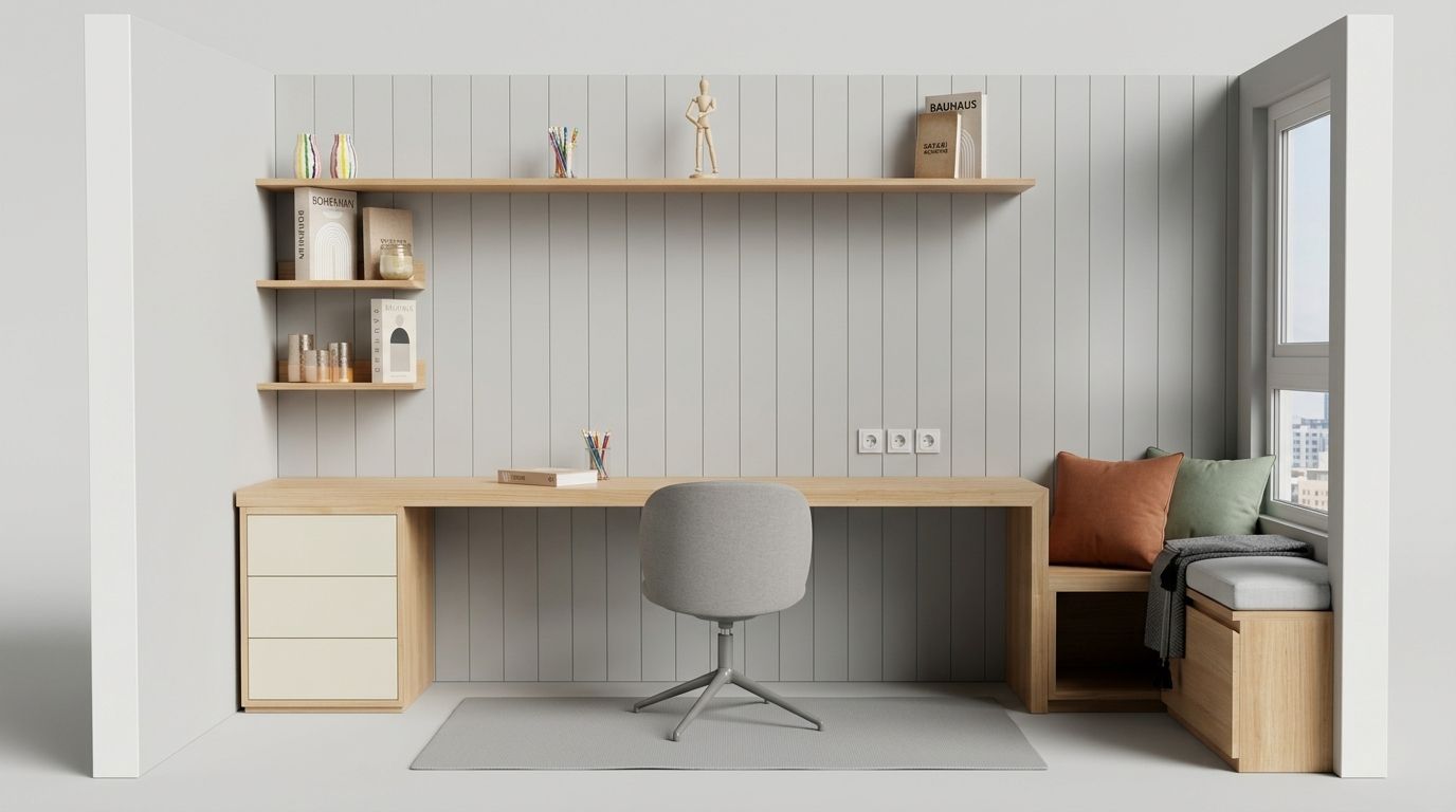 Despacho minimalista con escritorio de madera, silla gris, estanterías y asiento junto a la ventana.