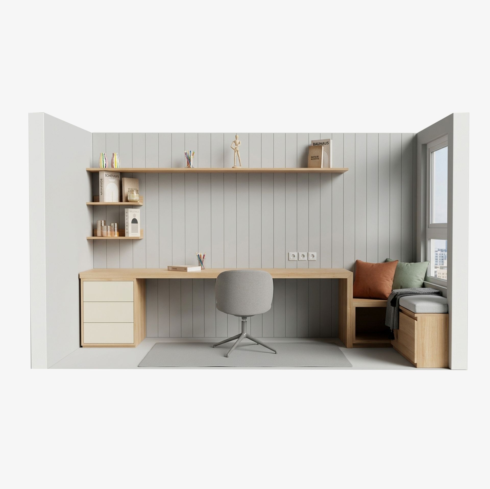 Oficina en casa minimalista con escritorio de madera clara, estantes, silla giratoria y banco junto a la ventana.