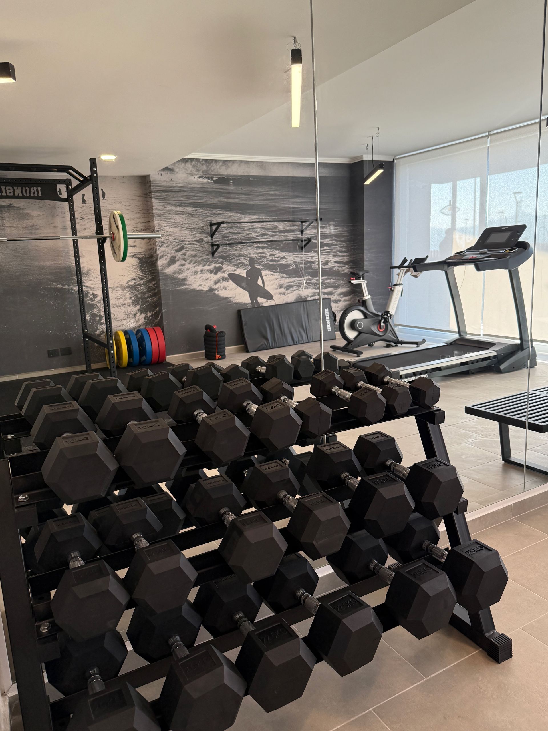 Estante para mancuernas en un gimnasio con cintas de correr y obras de arte en la pared al fondo.