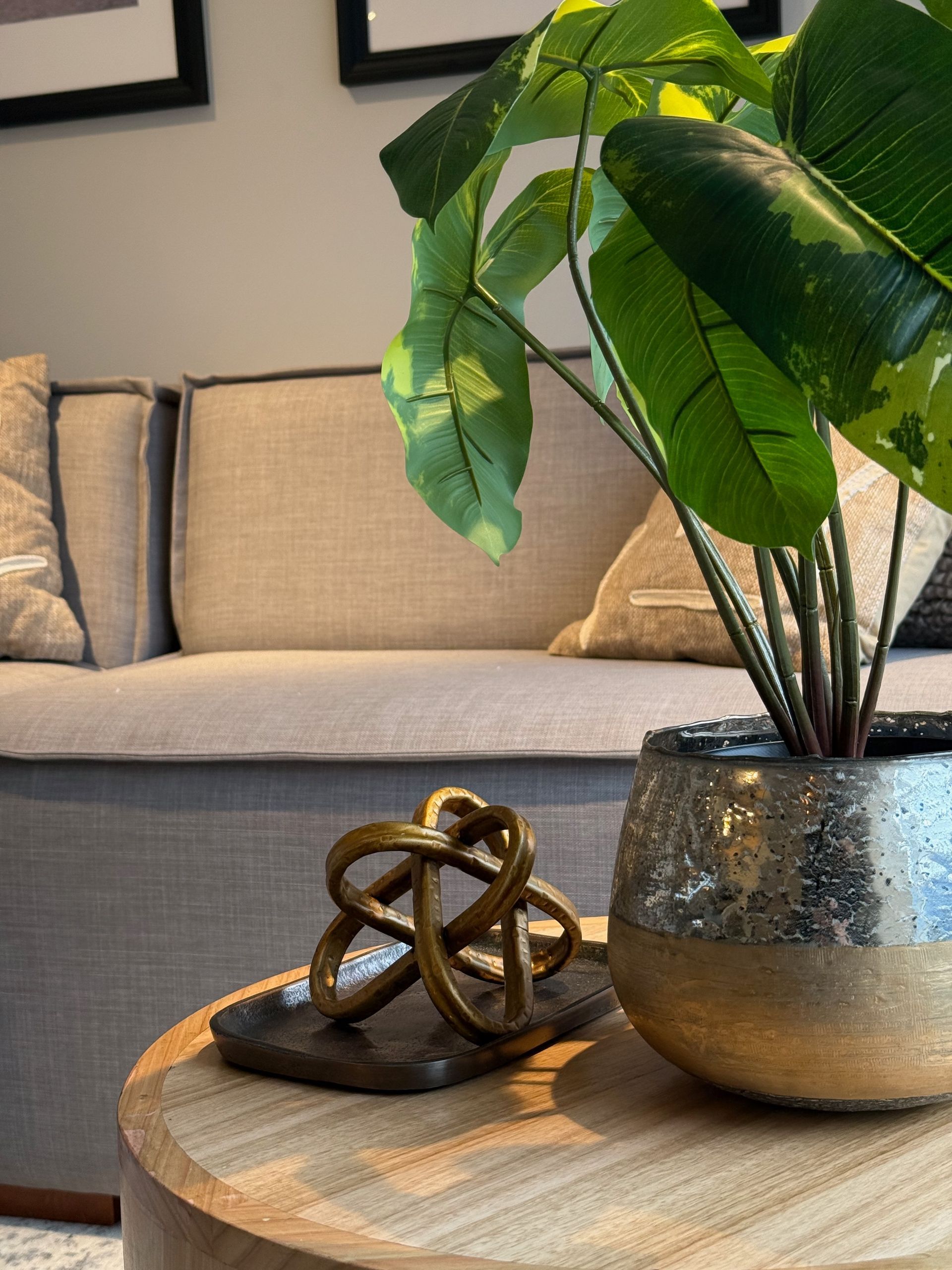 Mesa de centro de salón con una planta en maceta y una escultura de nudo de bronce.