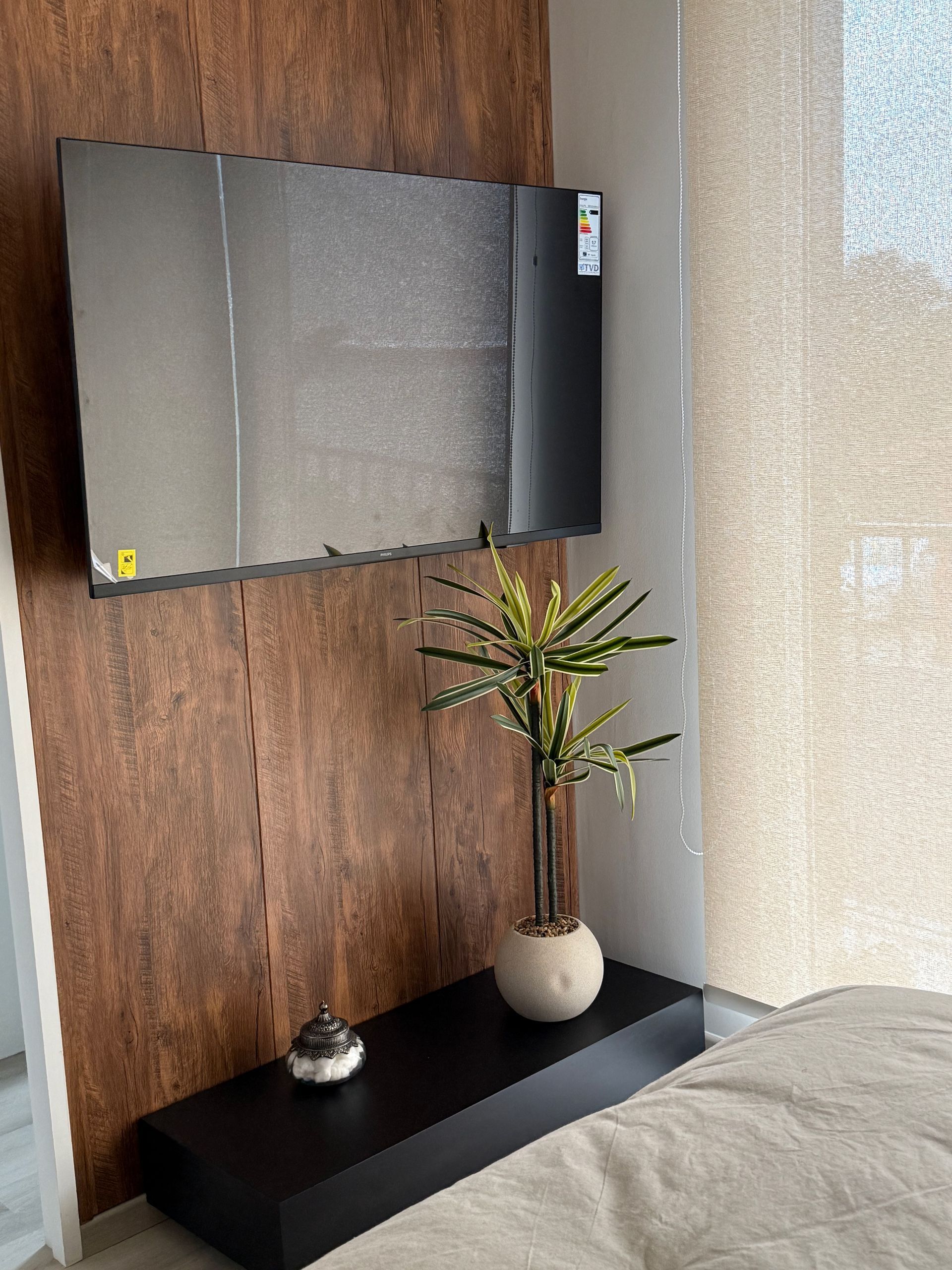 Televisor montado en la pared sobre una estantería negra con una planta en maceta.