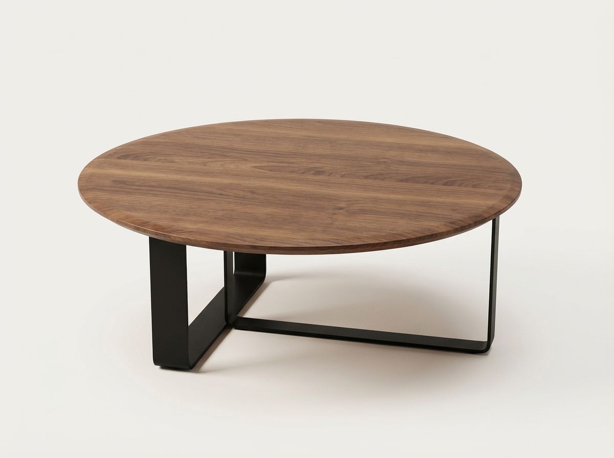 Mesa de centro redonda de madera con patas de metal negro sobre fondo blanco.