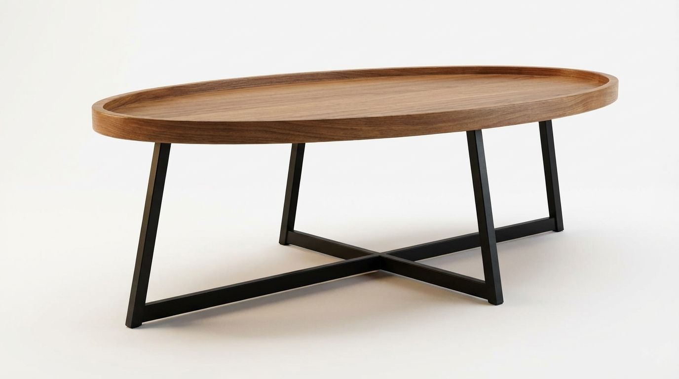 Mesa de centro ovalada de madera con patas de metal negro sobre fondo blanco.