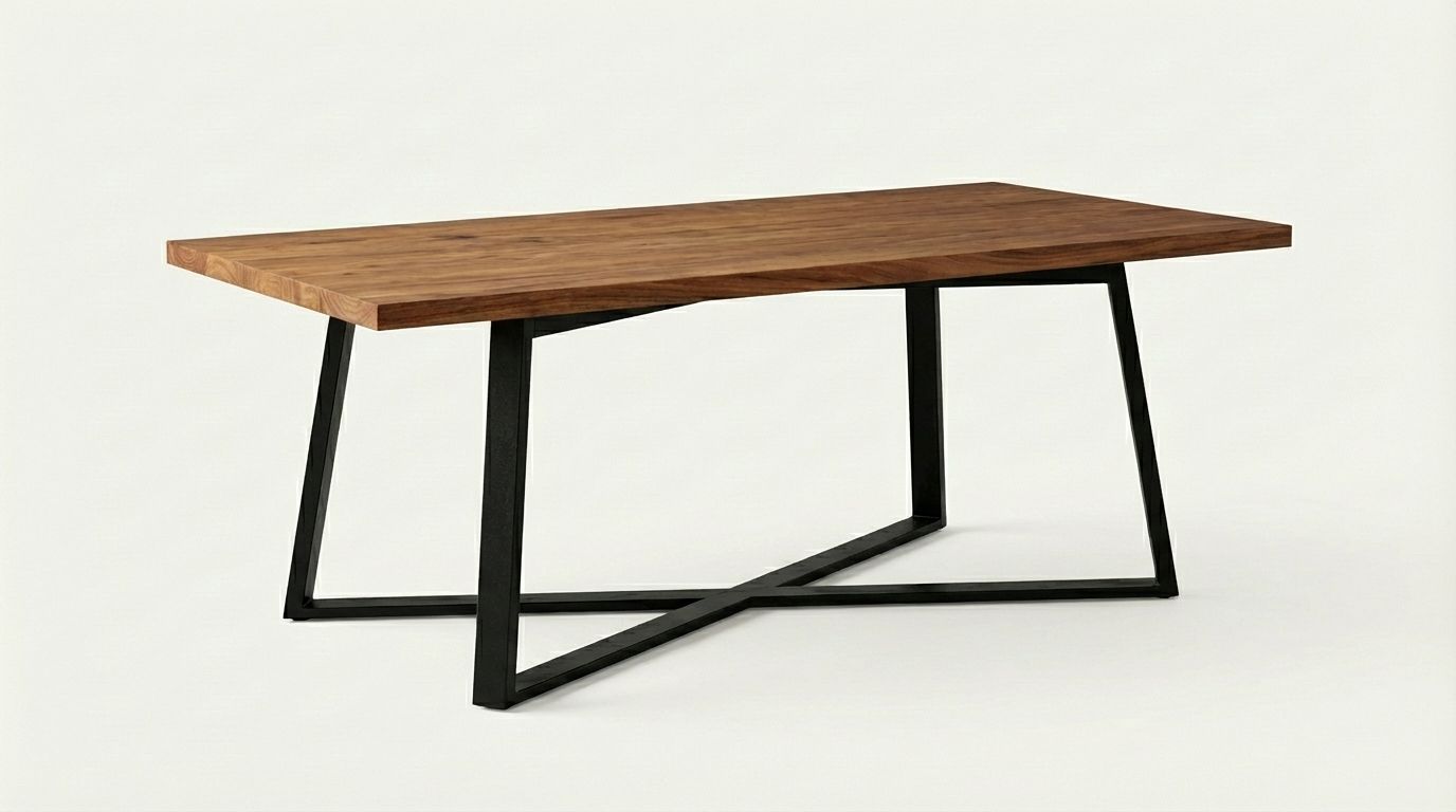 Mesa de comedor moderna de madera con patas de metal negro sobre fondo blanco.