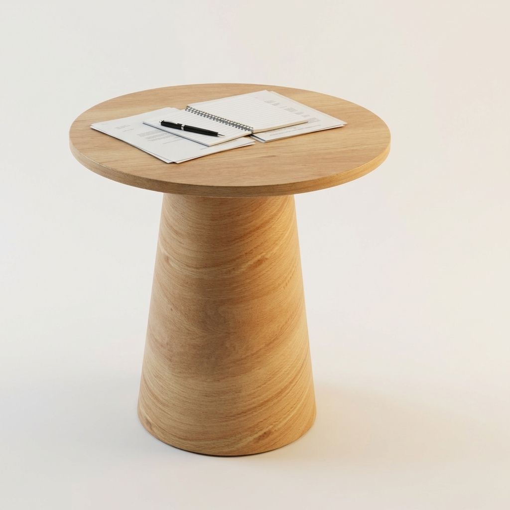 Taburete pequeño de madera con tapa redonda que sostiene muestras de papel sobre un fondo blanco.