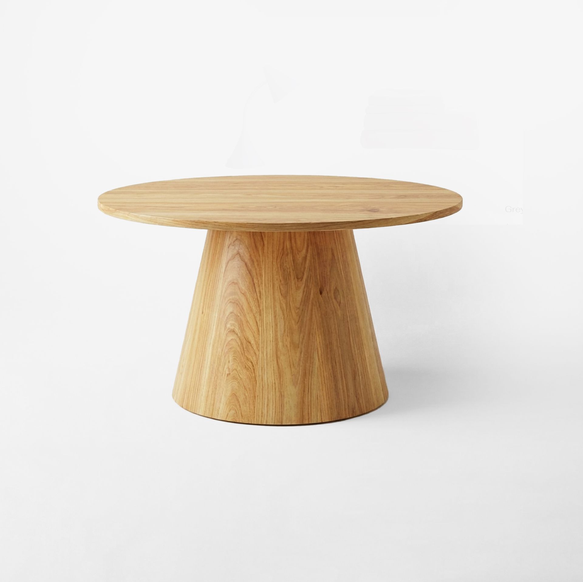 Mesa redonda de madera con base de pedestal cónica.