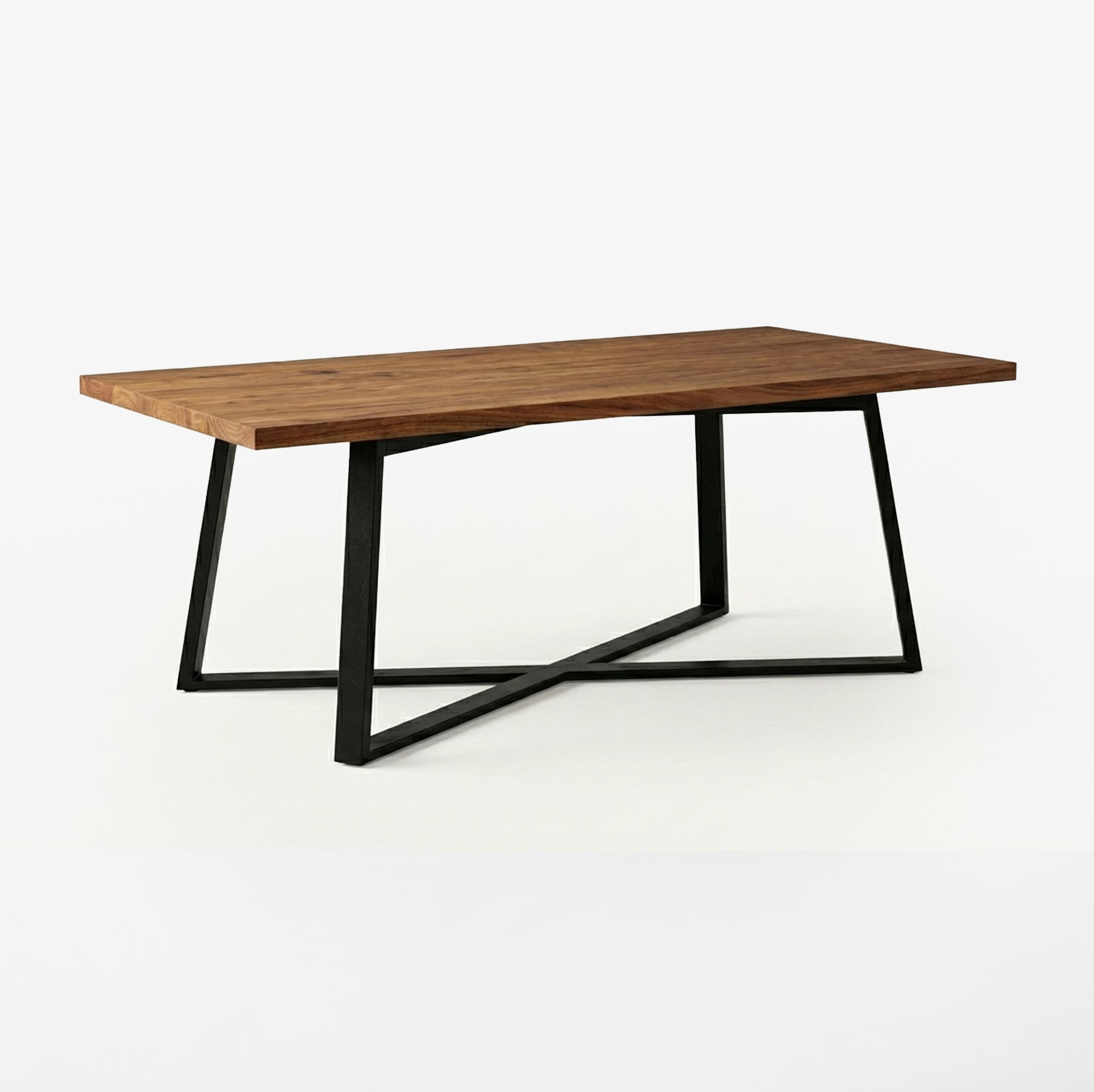 Mesa de centro moderna de madera con patas de metal negro.