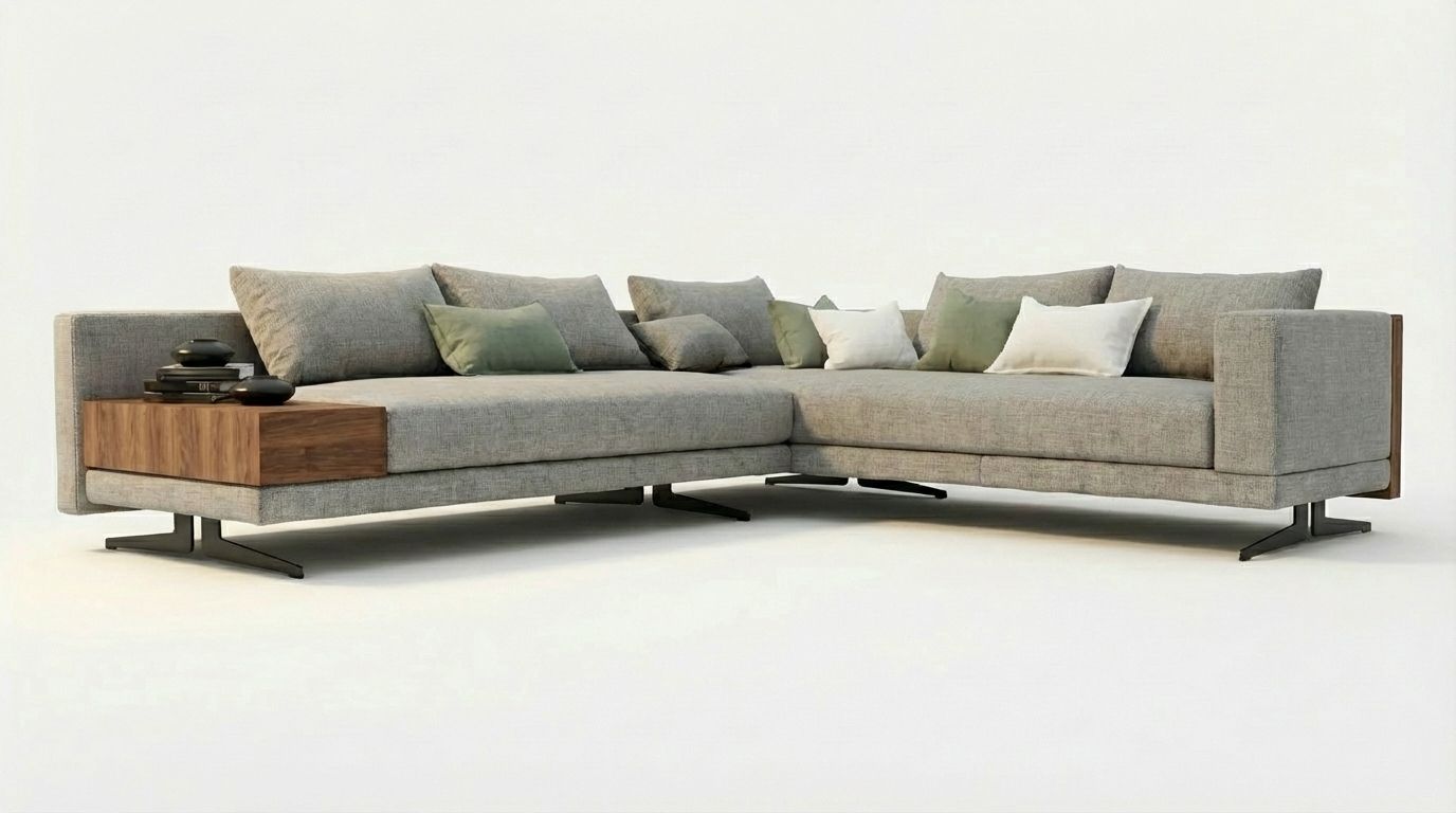 Sofá modular moderno de color gris con mesa auxiliar de madera y varios cojines sobre fondo blanco.