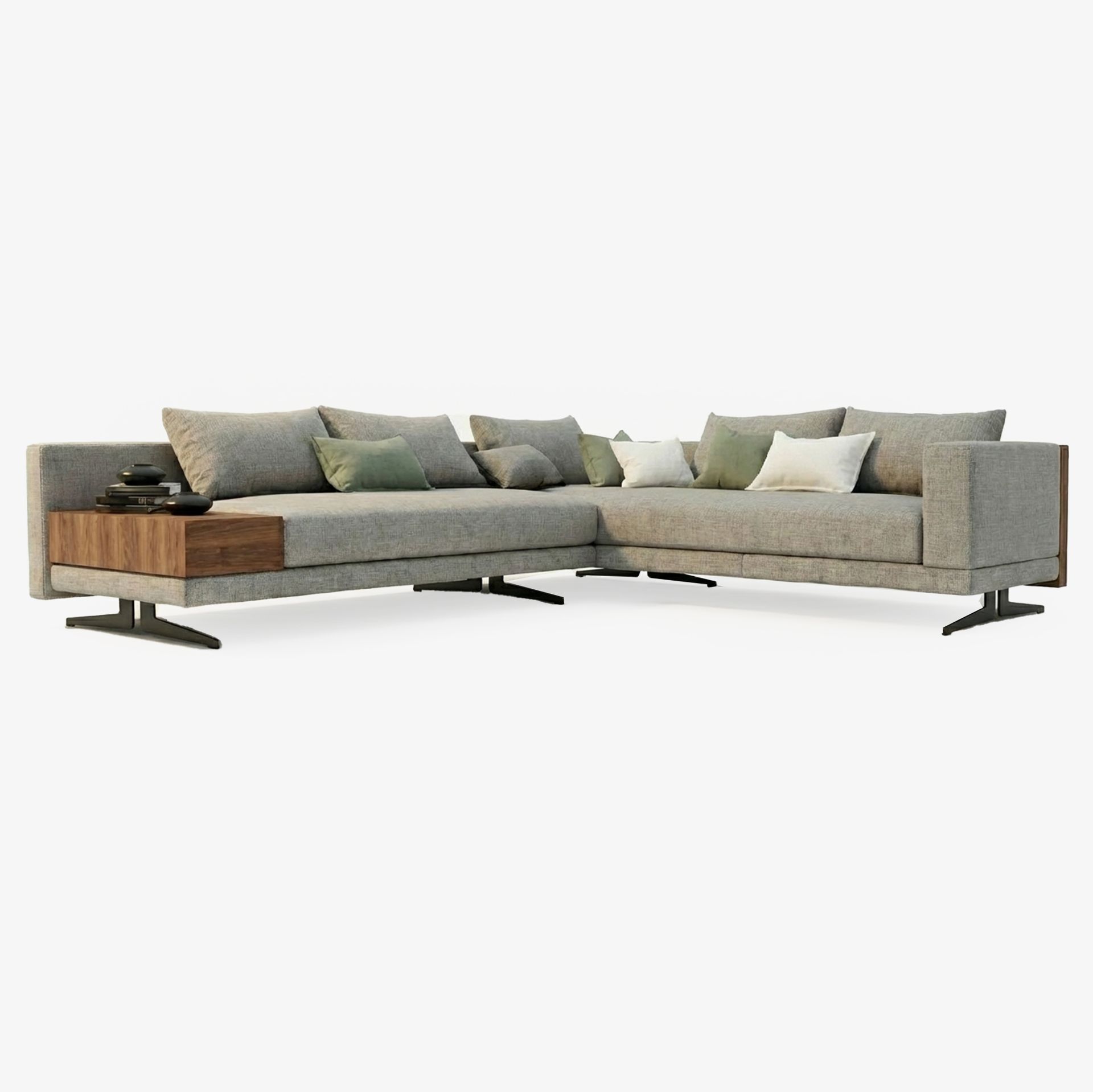 Sofá modular moderno de color gris con panel lateral de madera y cojines decorativos surtidos sobre fondo blanco.