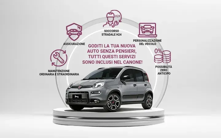 Fiat Panda grigia circondata da icone di servizio. Testo: