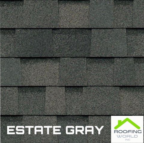 Estate gray roofing shingles with Roofing World logo at bottom right.