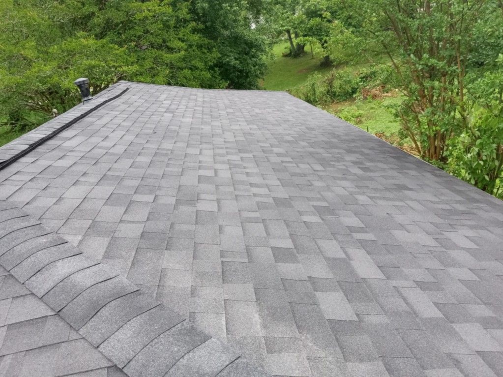 Gray shingled rooftop surrounded by green trees and foliage