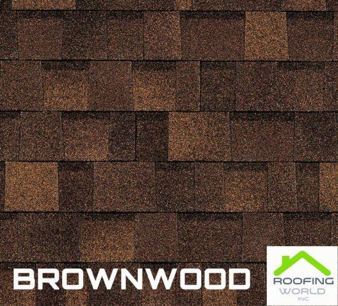 Brownwood roofing shingles with Roofing World logo on a brown shingle background